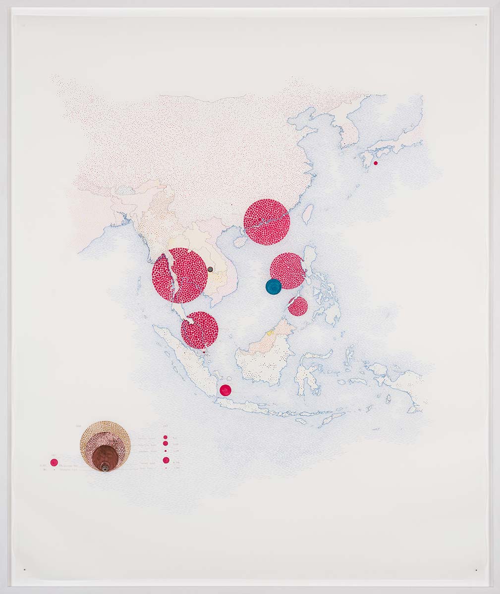 Tiffany Chung. 'Remapping the Vietnam Exodus: refugee numbers and camp locations in Asia.' 2017. Acrylic, ink and oil on drafting film. 110 x 92 cm. Collection of Singapore Art Museum.